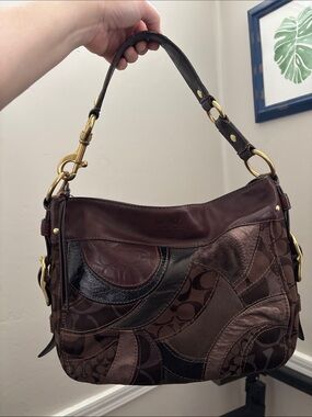 Coach Zoe 13515 Brown Patchwork Leather Shoulder Bag with Brass Hardware